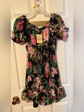 Girl Soul Black Floral Smocked Big Girls' Dress with puff sleeves; size: L
